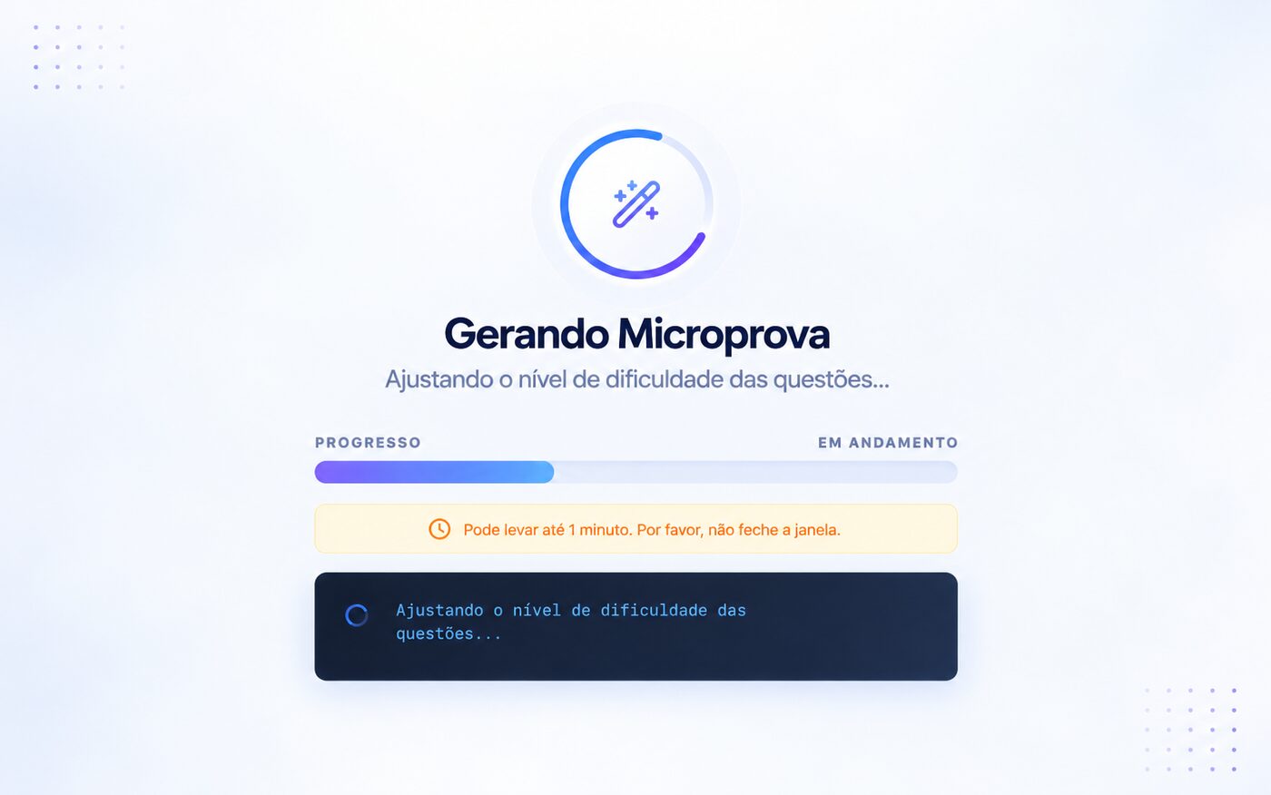 Tela do Educa+IA durante a geração da microprova: o nível de dificuldade das questões está sendo ajustado, com a barra de progresso em andamento