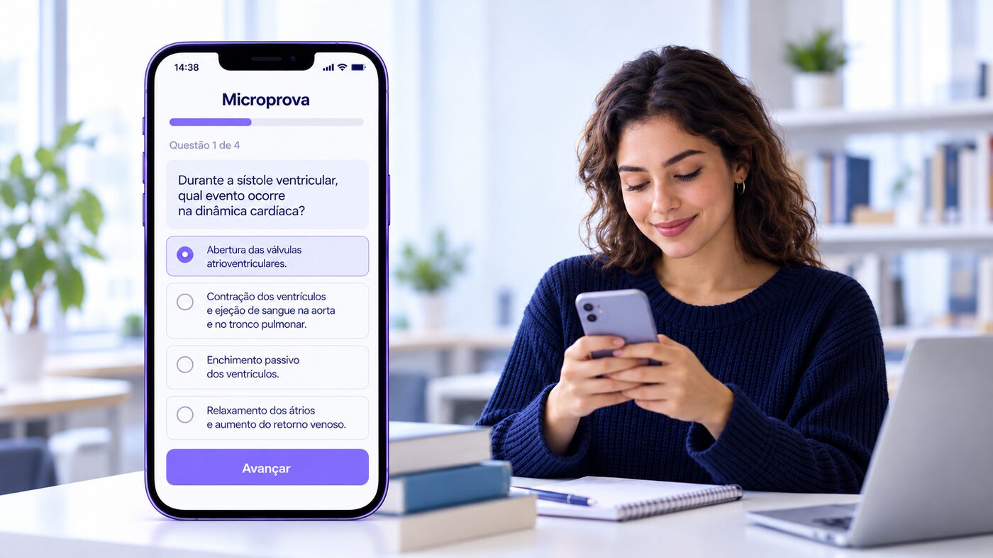 Microprova respondida no celular do estudante: questão de múltipla escolha sobre dinâmica cardíaca, com quatro alternativas e o botão Avançar