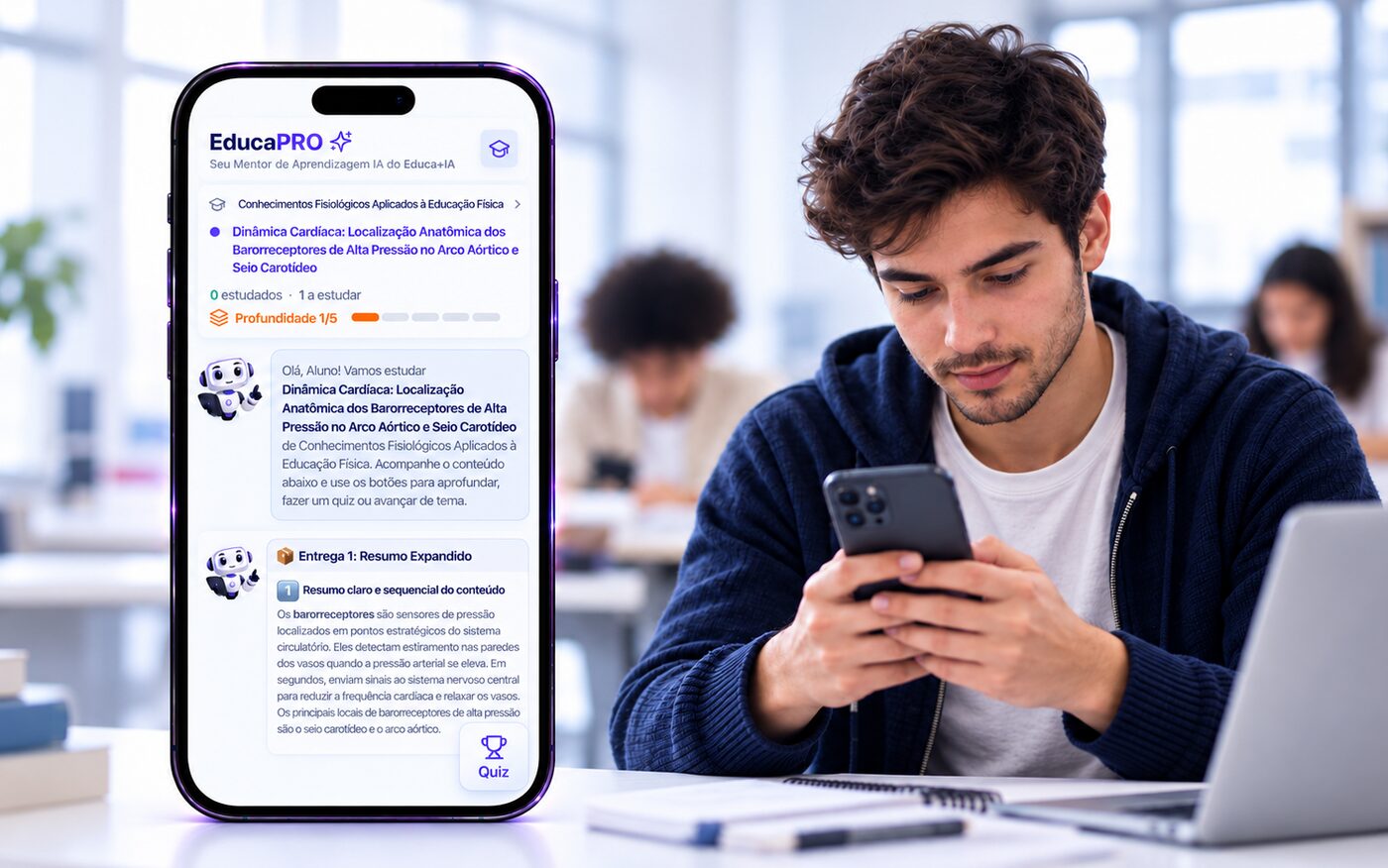 Tela do tutor de IA no celular: a conversa de estudo sobre dinâmica cardíaca, com a profundidade do tema e as entregas a cumprir