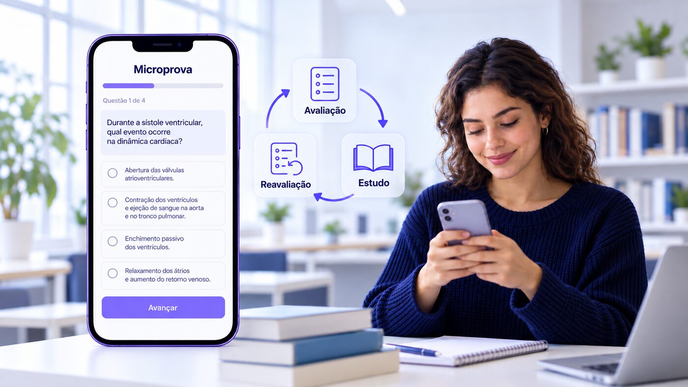 Tela da microprova na etapa de reavaliação: questão de múltipla escolha sobre dinâmica cardíaca, com as alternativas e o botão Avançar